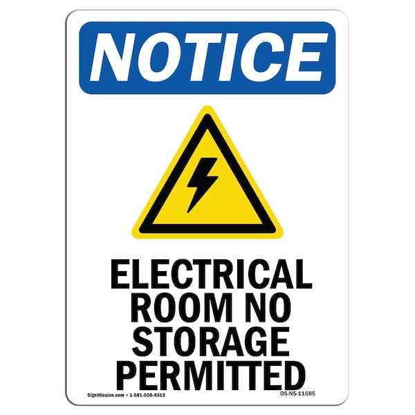 Safety Sign, OSHA Notice, 5" Height, Electrical Room No Sign With Symbol, Portrait, 10PK
